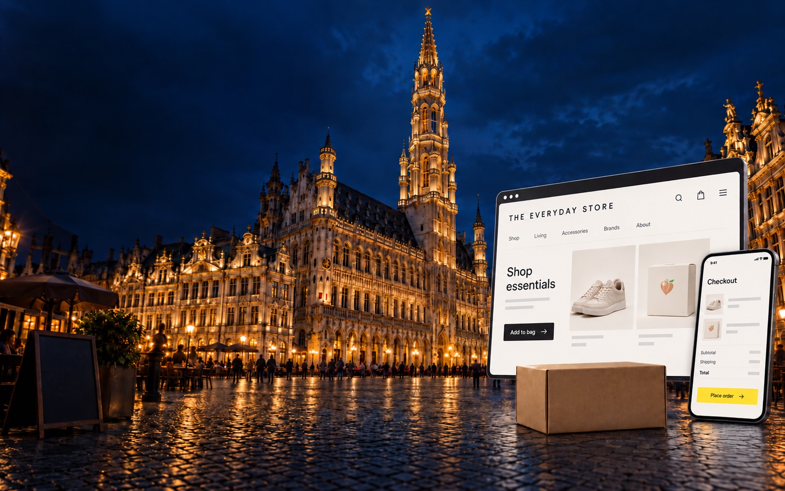 Illustrated e-commerce storefront and mobile checkout in Brussels Grand-Place at night, with a small peach emblem on one displayed package.